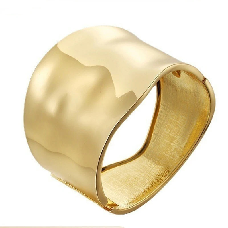 Kaimei Retro Punk Gold Brushed Metal Bracelet New Fashionable Wide Edge Bangles for Women Exaggerated Jewelry