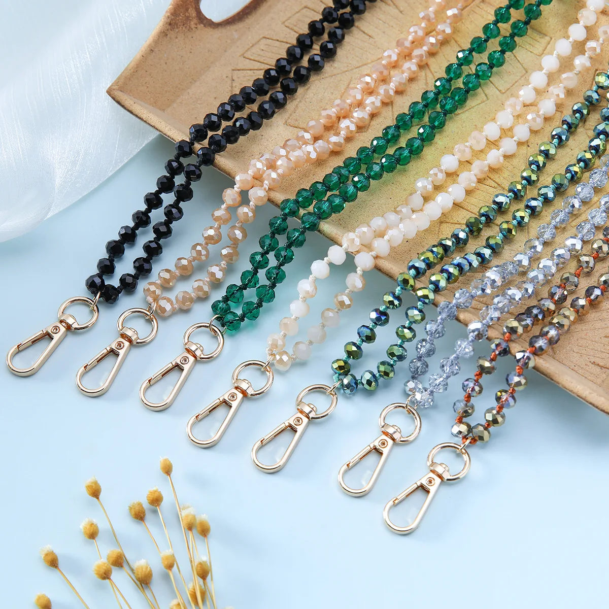 New Faceted Beaded Necklace Lanyard for Work Card Crystal Bead Lanyard Keychain with Holder