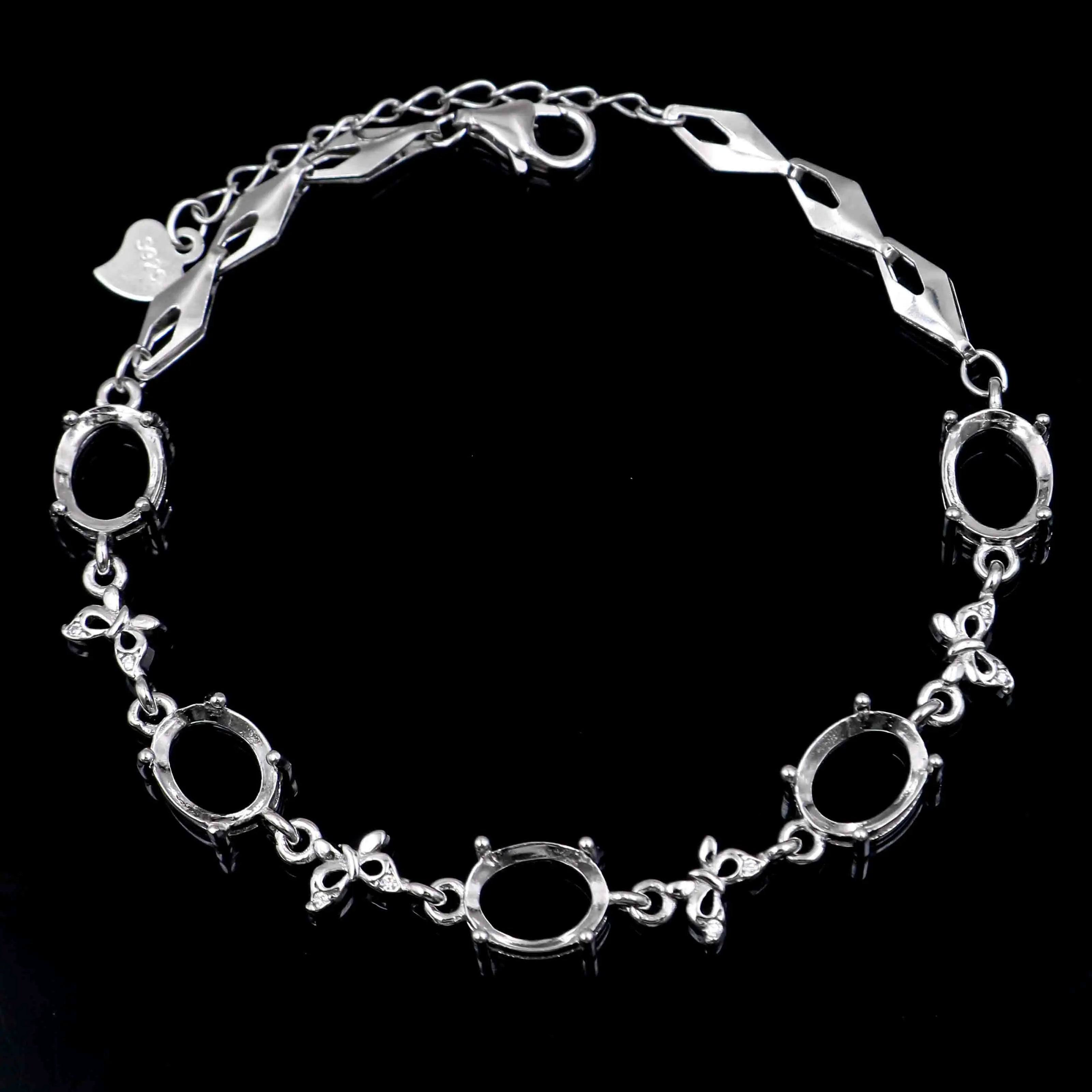 Sterling Silver 7*9mm Semi Mount Bracelet Empty Support Blank Claws Setting S925 Base Holder Without Center Stone Inlay for DIY
