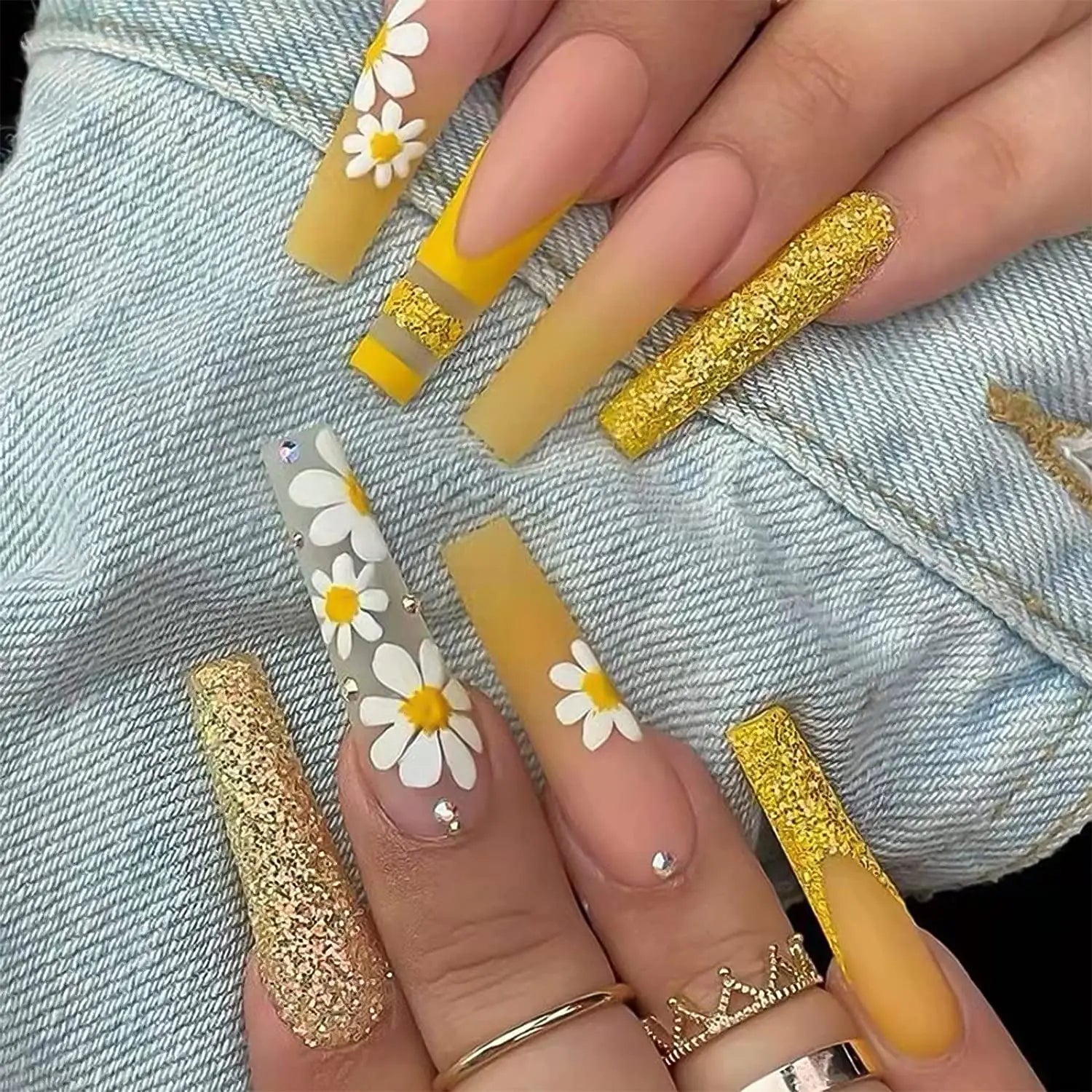 Nailway Wholesale Yellow Flower Rhinestones Long Press on Fake Nails False Nails French Tip Artificial Nails