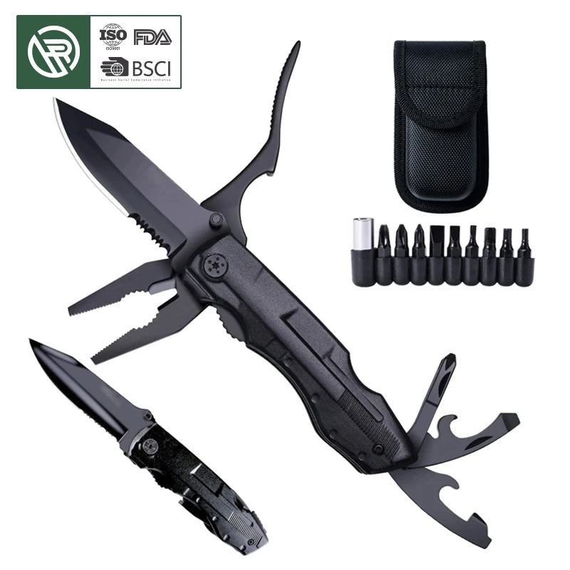 Bochen 18 in 1 Black Corrosion Resistant Multitool Pliers Portable Folding Knife Kit Multifunction Camping Tools With Pouch