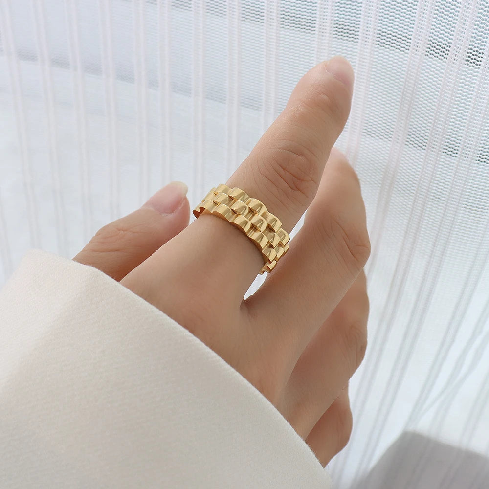 Non Tarnish Stainless Steel Wedding Ring Jewelry 18k Gold Filled Bijuteria De Luxo Strap Retro Ring Waterproof Finger Watch Ring