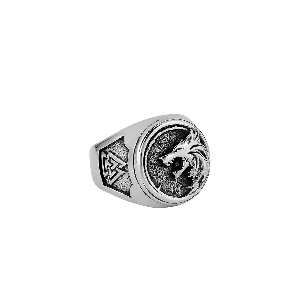 Nordic Viking Jewelry Valknut Geri and Freki Stainless Steel Wolf Silver Rings Fashion Man Ring