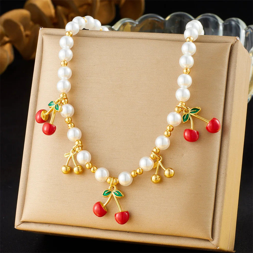 New Cartoon Stainless Steel Cruit Pendant Necklace Non Tarnish 18k Pvd Gold Plated Red Heart Strawberries Cherry Charm Necklace