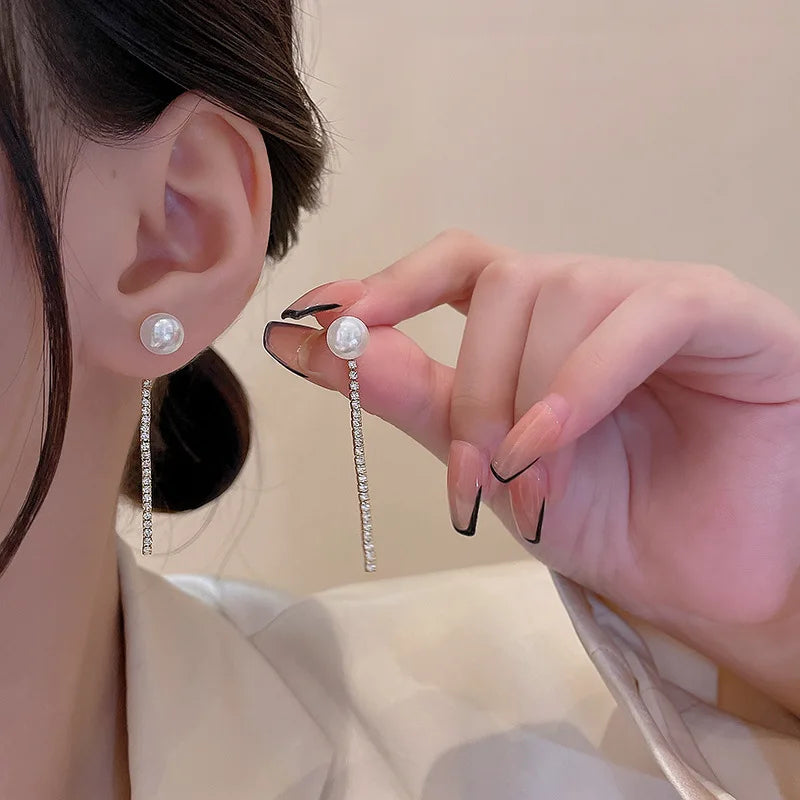 French Vintage Diamond Tassel Earrings Temperament Pearl Stud Earrings 925 Silver Stud Earrings Bling Glitter Ear Jewelry
