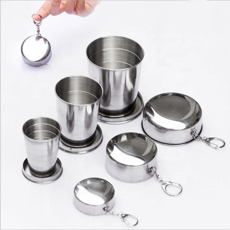 Collapsible Cups with Lid and Keychain Stainless Steel Foldable Drinkware for Travel Outdoor Activities Home Use Camping Work