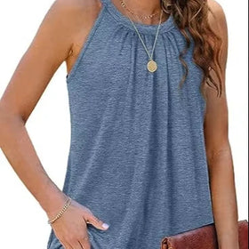 S-XXL Tank Top for Women Summer Halter Tops Pleated Sleeveless Shirts