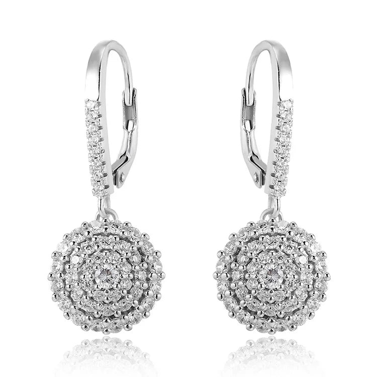 Rhodium Plated 925 Silver Leverback Earrings Round CZ Drop Hoop Micro Pave Circle Charm