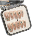 Pure Handmade ABS 3D Silver Fine Glitter Nude Color Gel Custom False Korean Press Nails Finger French Style Heart Rhinestone
