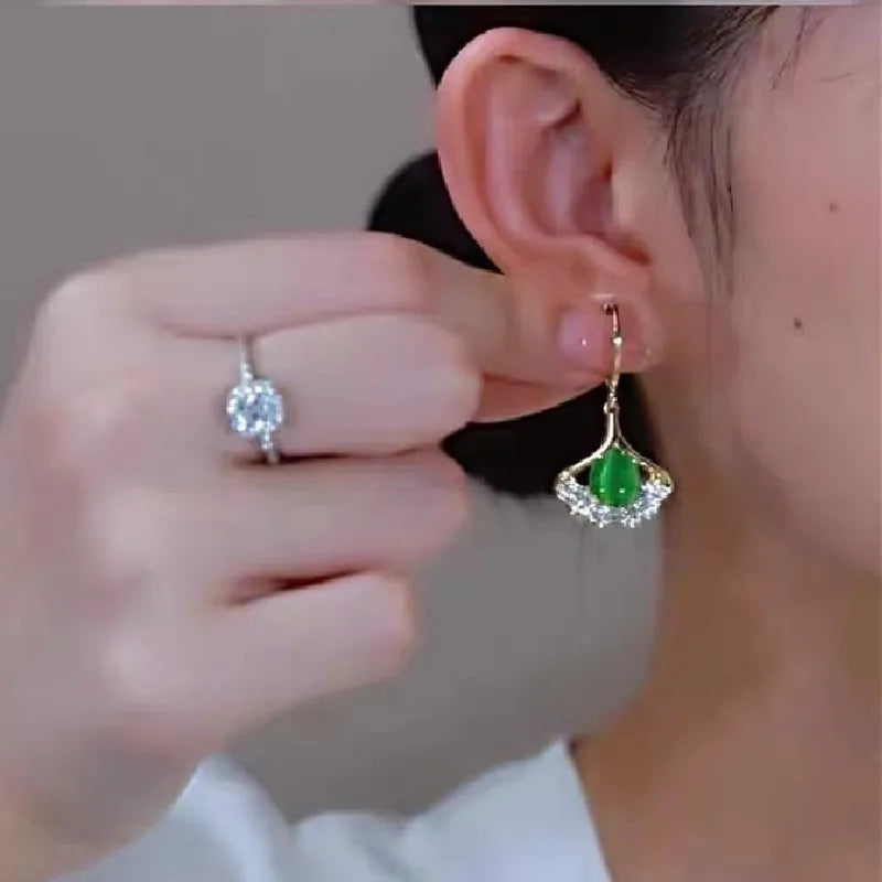 Korean Minimalist Elegant Designer Gold Plated Zircon Opal Ginkgo Leaf Hoop Drop Earrings Women Fashion Jewelry