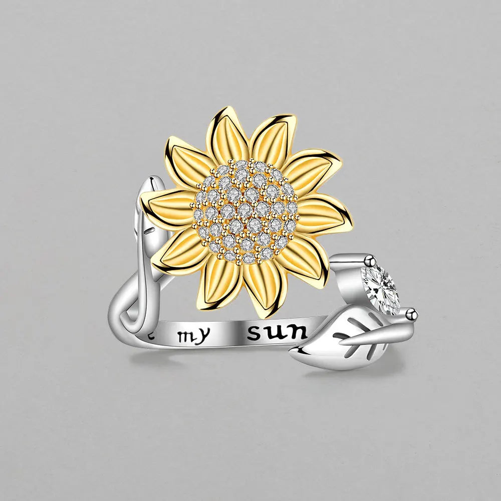 New Emo Rotate Freely Spinning Stainless Steel Anxiety Ring Fashion Sun Flower Ring for Girl Jewelry Gift