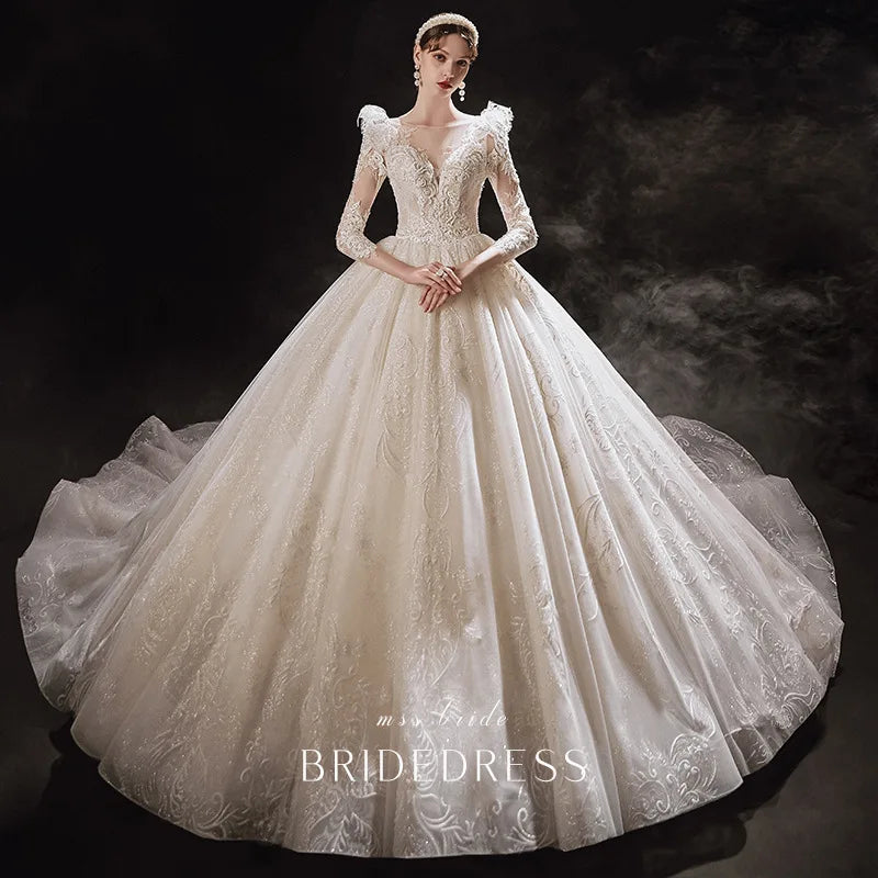 AL1287 2025 New Style French Court Wedding Dress Real Big Tail Heavy Industry White Summer Lace Long Sleeves Crystal Ruffles