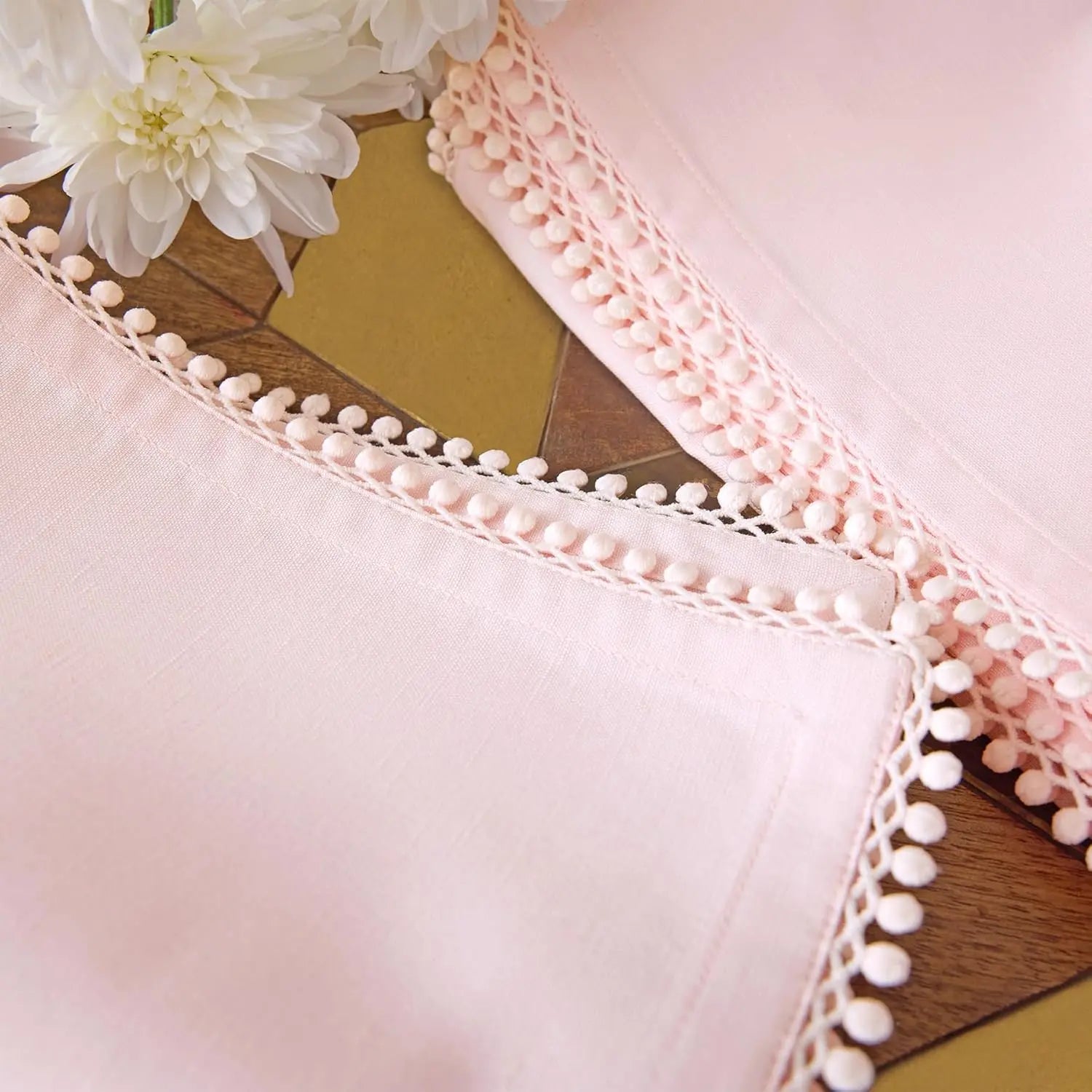 Modern Pink Cotton Linen Napkins with Handmade Pom-Pom Trim Square Printed Elegant Home Airplane Napkins for Table Settings