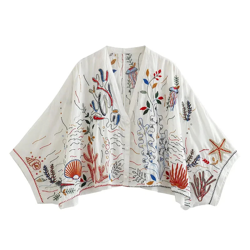 ZATRHMBM2024 Ladies New Fashion Casual V-Neck Cotton Embroidered Tops Women's Blouses & Shirts for Spring and Autumn Collection