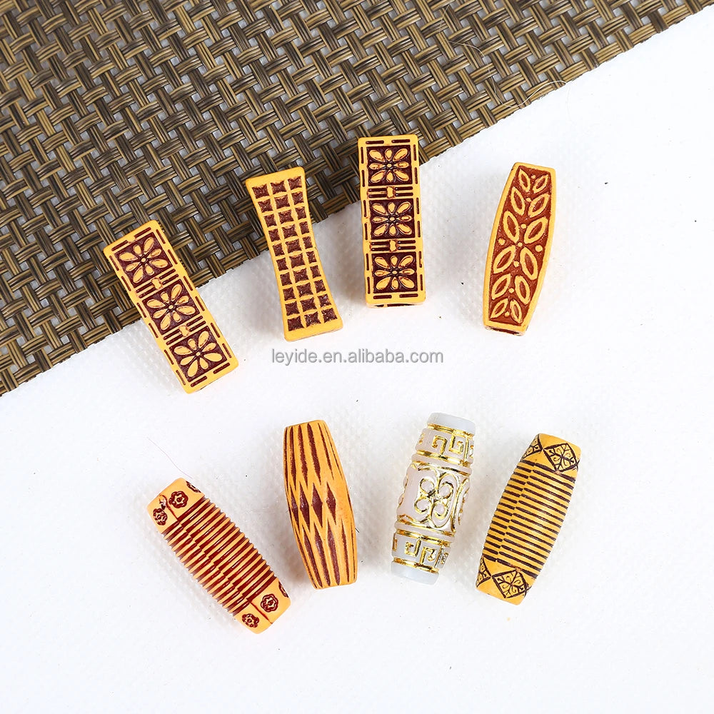 Vintage Long Cylinder Retro Pattern Imitate Wooden Rings Dreadlocks Loc Jewelry Braid Wig Beads for for Braid Hair Dreadlocks
