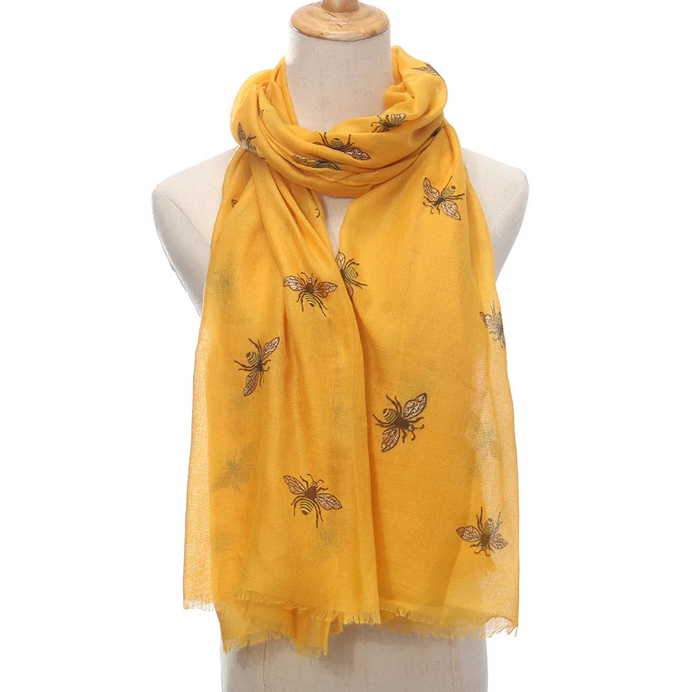 2024 New Design Viscose Animal  Bee Printing Ladies Long Scarf Travel Sunscreen Shawl for Autumn Winter Spring