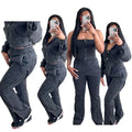 KY Distressed Embroidery Patch Women Hoodie and Pants Set Black Acid Wash Hoodie Heavy Weight Cropped Hoodie Flare Pants Zipper
