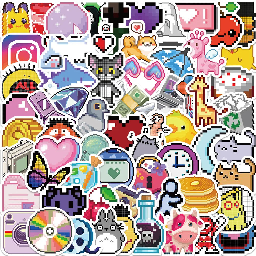 65Pcs Cute Cartoon Pixel Style Graffiti Stickers for Kid Notebook Wall Table Waterproof Kawaii Sticker Label Pack