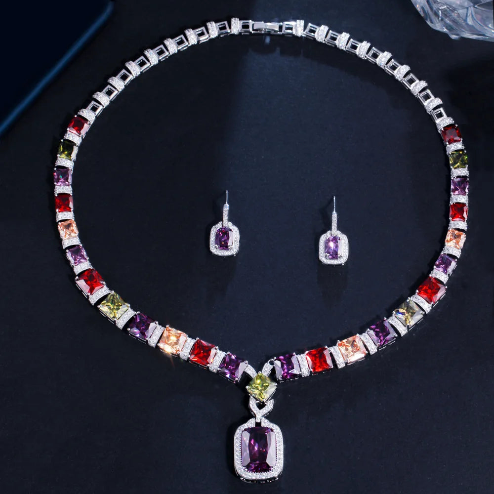 Colorful Square Necklace Earrings Set of Two Delicate Ladies Noble Party Decorations