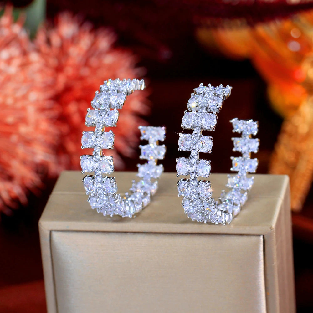 Dazzling CZ Cubic Zirconia Silver Plated C Shape Big Hoop Earrings for Women Wedding Bridal Jewelry Accessories