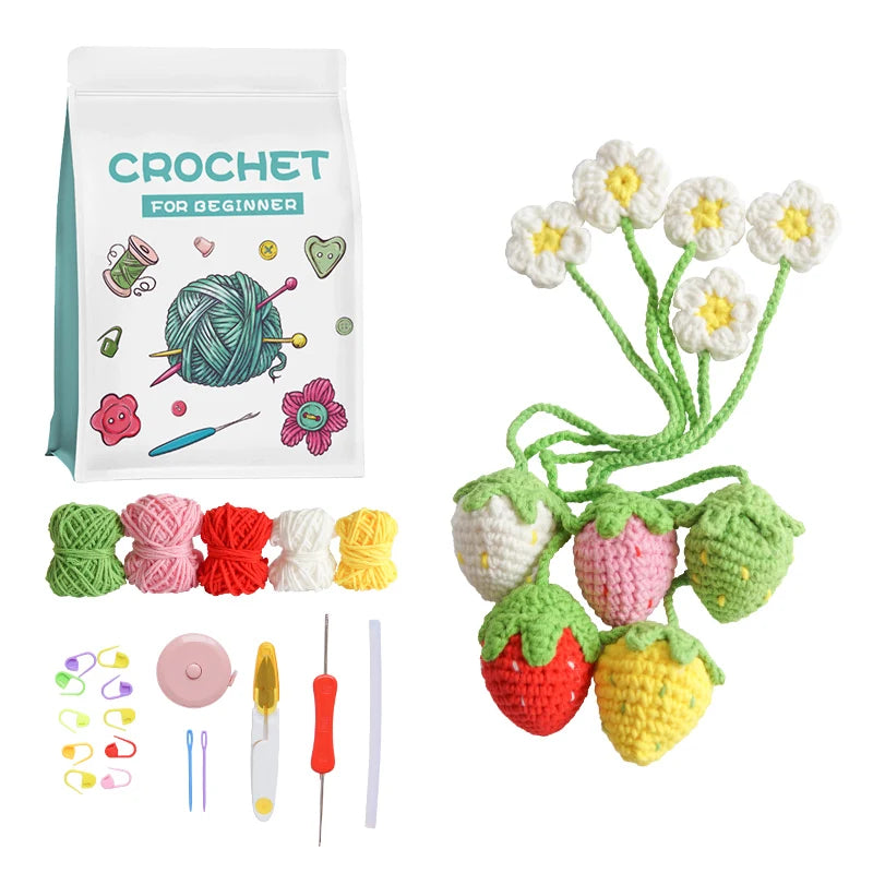 Bohe Crochet Kits for Beginner Kids Education Toys Artificial Bouquet Colorful Handmade Strawberry Bouquet Crochet Bouquet