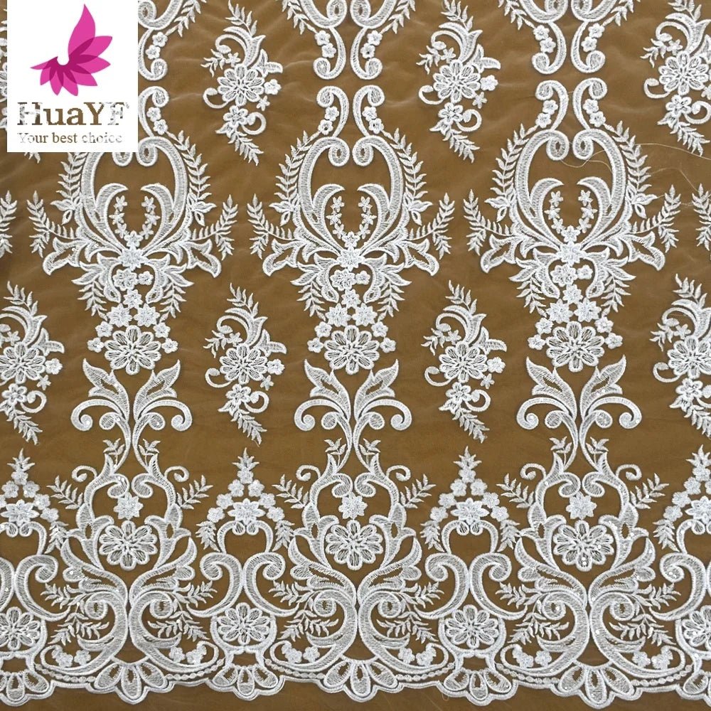 Hot Selling French Net Embroidery White Sequins Lace Fabric for Bridal Dress  HY1405-1