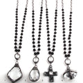 Fashion Women Jewelry Black Gunmetal Chain Necklace Black Glass Rosary Chain Crystal Drop Solider Cross Pendant Necklace