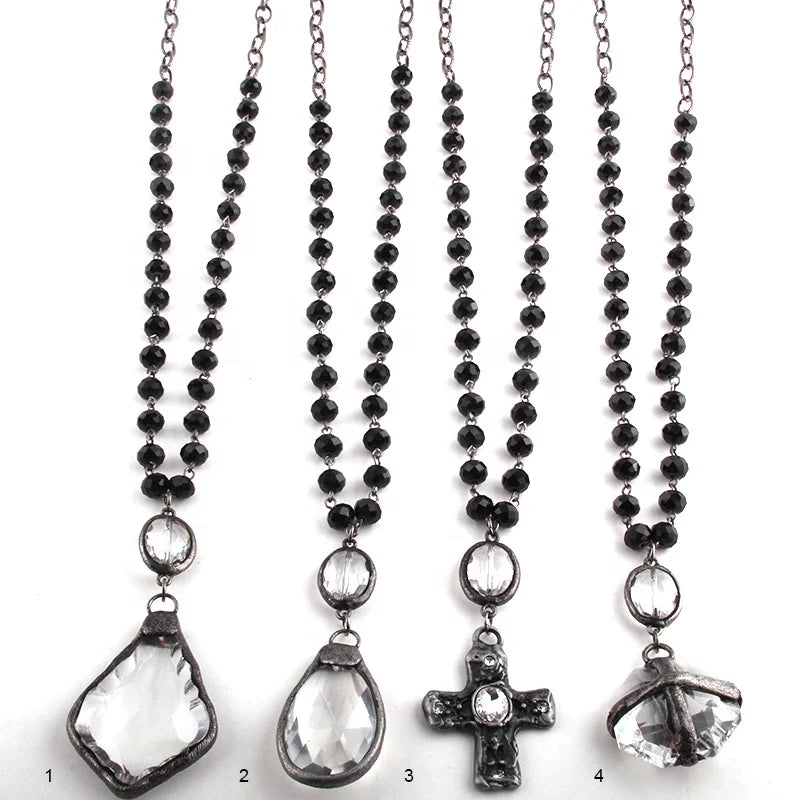 Fashion Women Jewelry Black Gunmetal Chain Necklace Black Glass Rosary Chain Crystal Drop Solider Cross Pendant Necklace