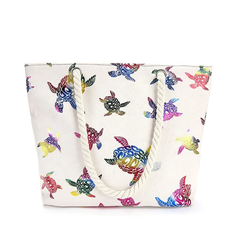 Manufacturer Wholesale Sea Turtle Design Selling Printed Girl Single Shoulder Tote Canvas Beach Bag With Rope Handle