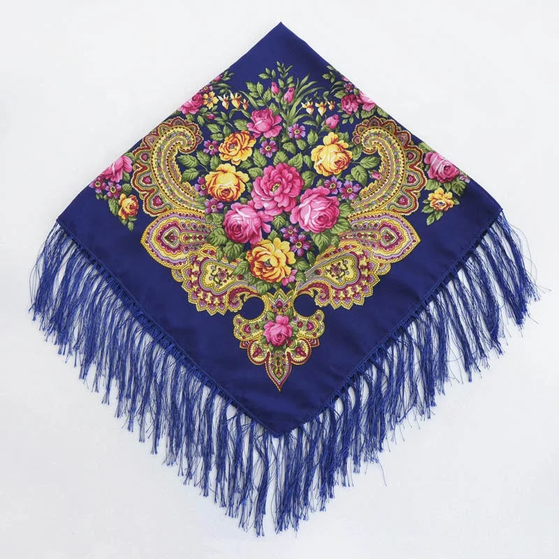 Vintage Blue Boho Headscarf Traditional Slavic Floral Design Square Traditional Shawl for Autumn for Men and Women