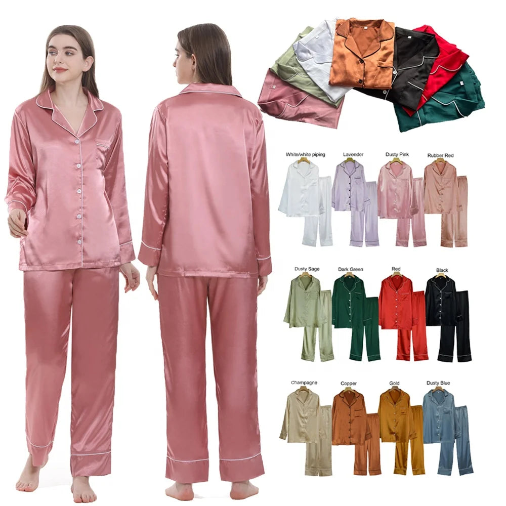 Ready to Ship Luxury Factory Wholesale Women's Silk Satin Sleepwear Long Pajamas for Bride and Bridesmaids Wedding Gift Pajama