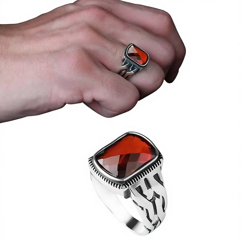 Azuris Turkey 925 Sterling Silver Men's Ring Ottoman Style Natural Black Stone VALKH1422