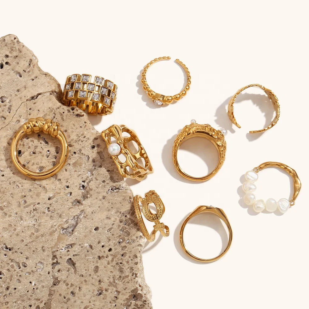 Dingran Minimalist Zircon Pearl Rings Set 18K Gold Stainless Steel Jewelry Hollow Rings For Women