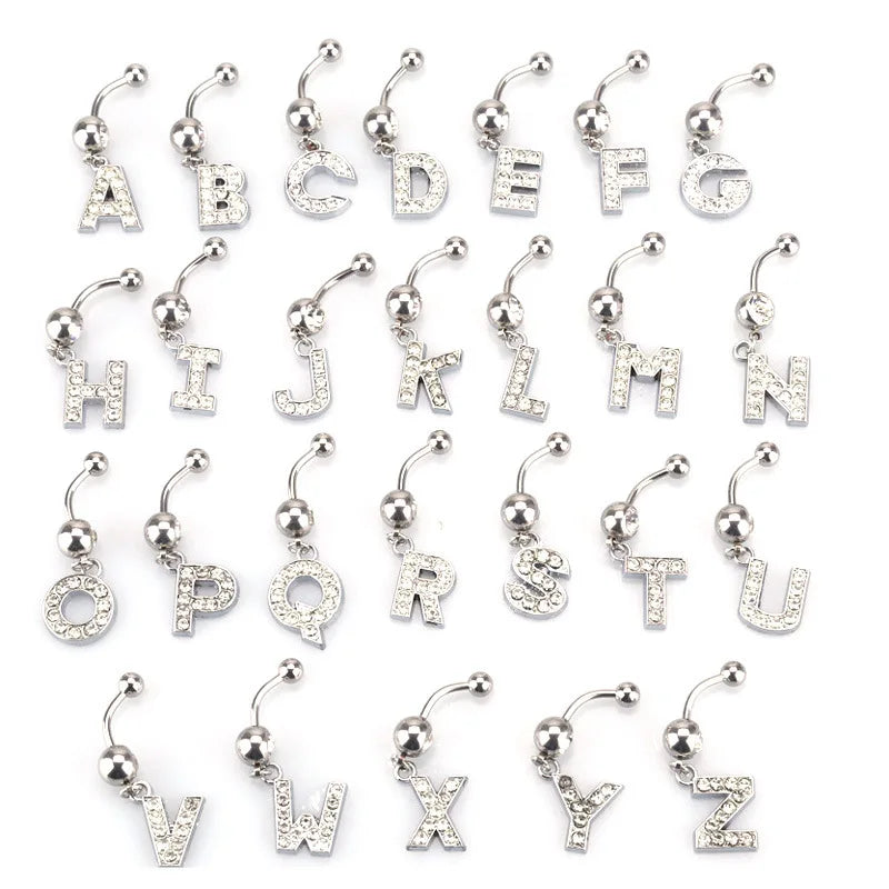 Wholesale Trendy Bling Letters Belly Button Ring Hip Hop 26 Letters Initial Navel Rings