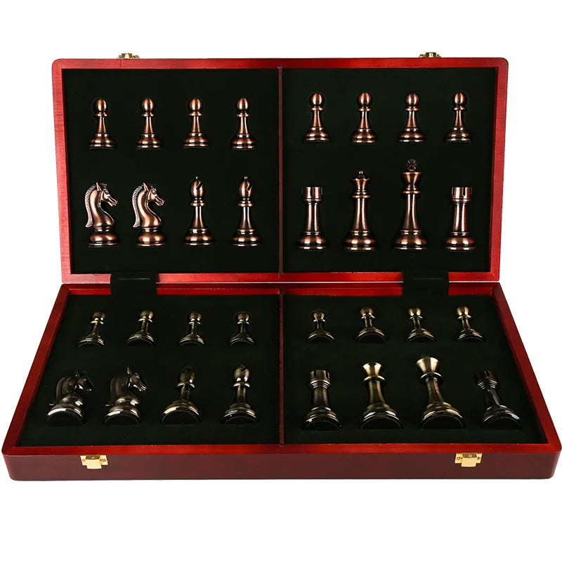 Factory Price 52CM Luxury Chess Board Games Bronze Metal Chess Pieces Set Folding Wooden Checkerboard Family Board Games
