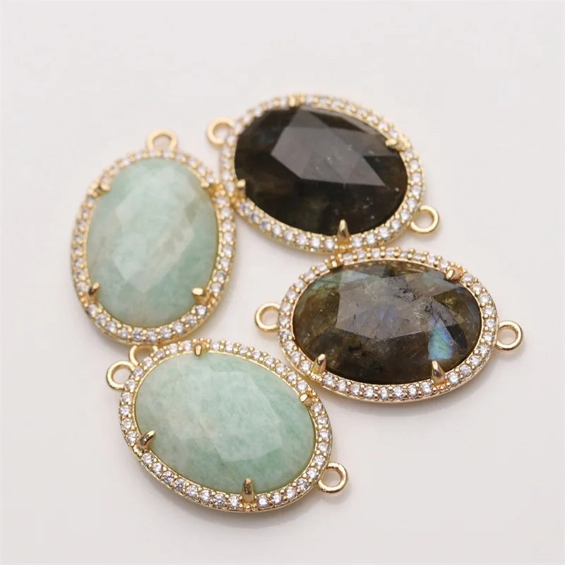 Fashion Designed Natural Amazonite Stone Pave Zircon Oval Shape Gold Plated Bezel Findings Connector