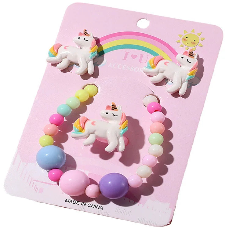Hot Selling 4-PCS Set of Sweet Style Unicorn Acrylic Beaded Kids Accessories Earrings Ring Bracelet
