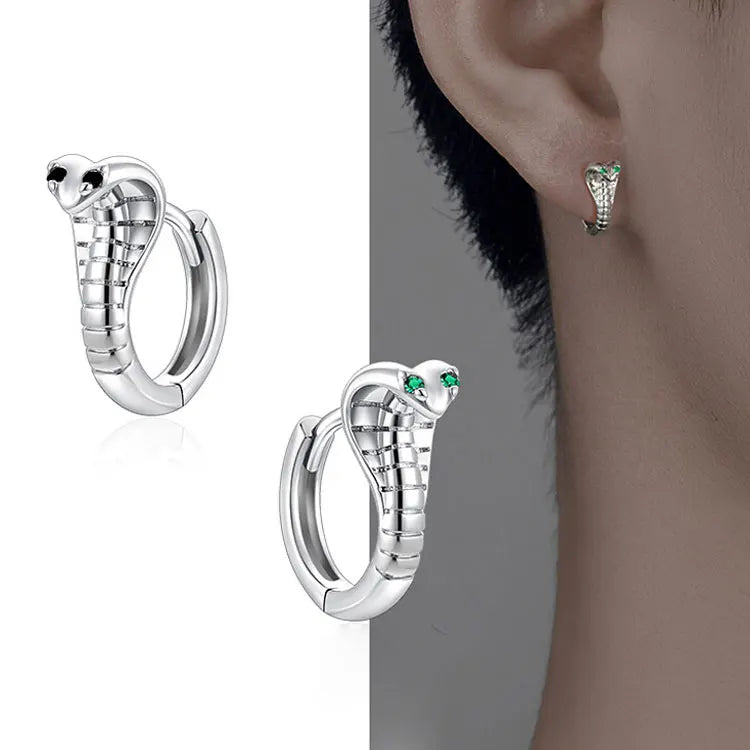 Men Domineering Silver Cobra Huggie Earrings Punk Small Hoop Earrings Exquisite Black Green Diamond Eyes Snake Earrings Women