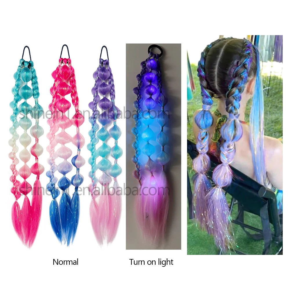 Girls Kids Synthetic Fiber Braids Hair Bubble Ponytail Extensions Glowed Colored Festival Braiding Hair with Mini Led Light