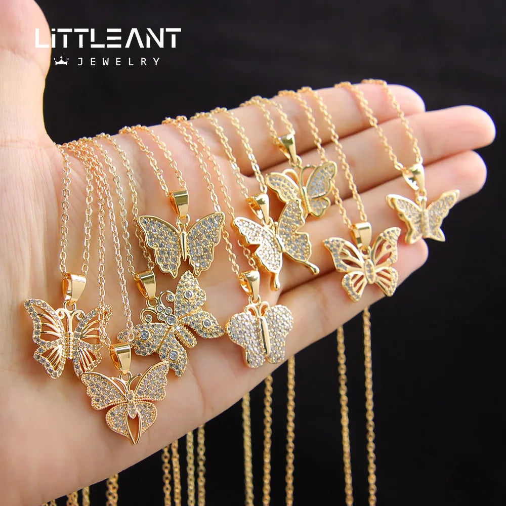 Non Tarnish Jewelry Cute Butterfly Zirconia Jewelry Gold Plated Brass Necklace for Women