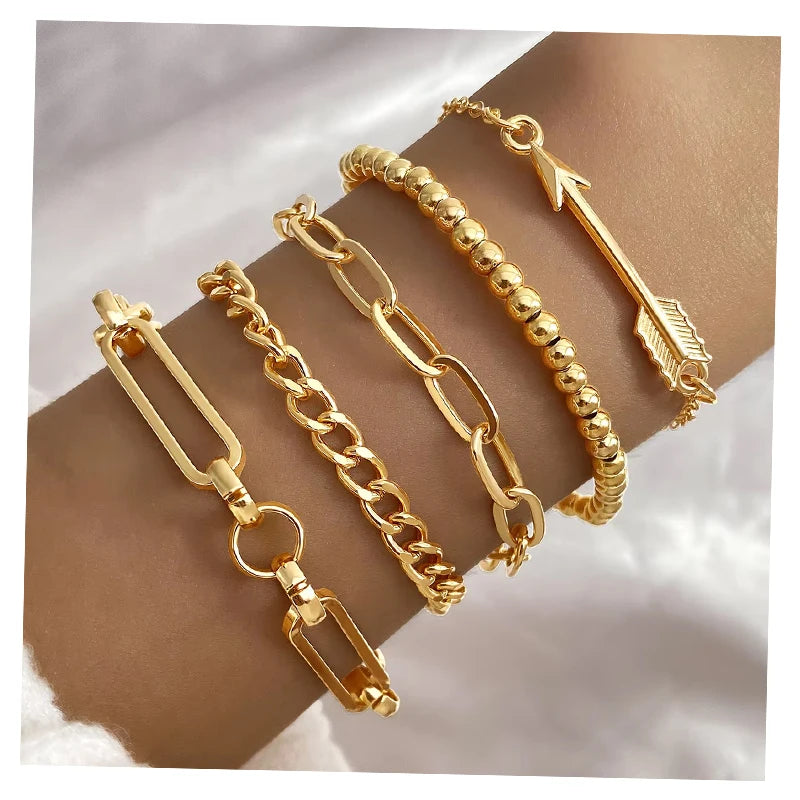 5Pcs/Set Chain Gold Color Round Bead Bracelet Set for Women Jewelry