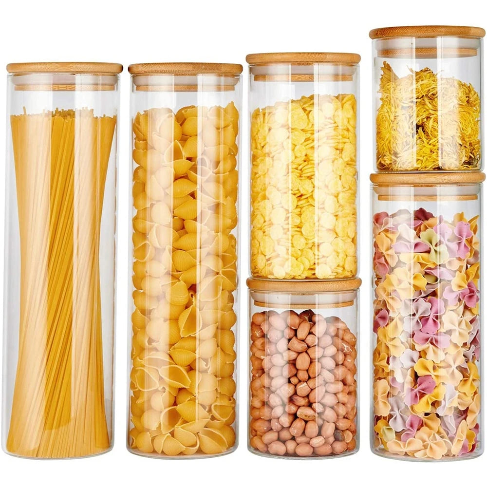 Eco Friendly 5 Pieces Jars Glass Food Container Set for Kitchen Storage With Bamboo Lids Safe in Microwavable Oven Online Sale