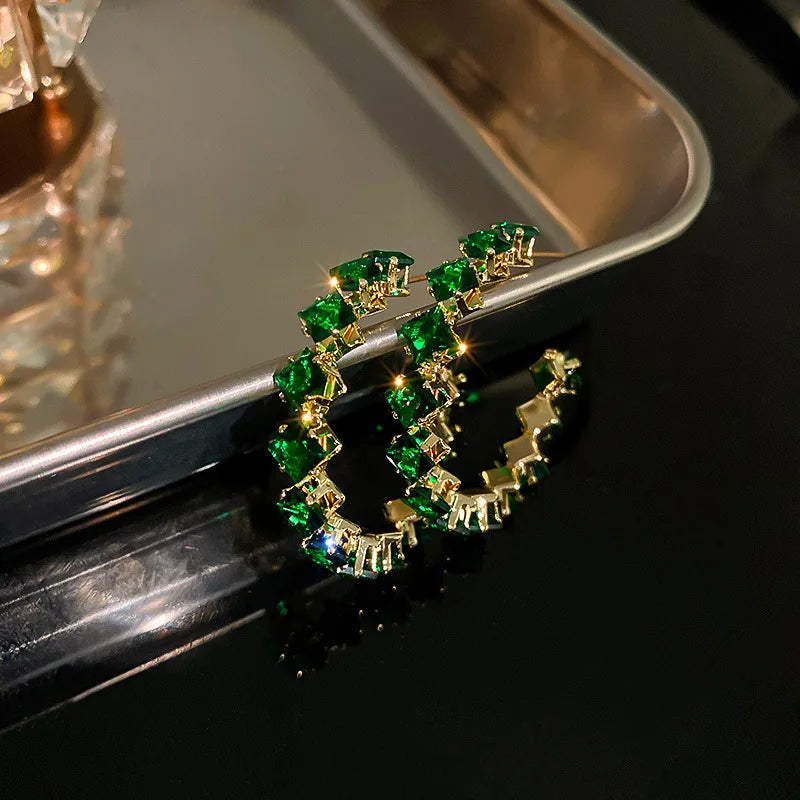 Wholesale Exaggeration Diamond Encrusted High-grade Green Zircon C-shape Hoop Earrings