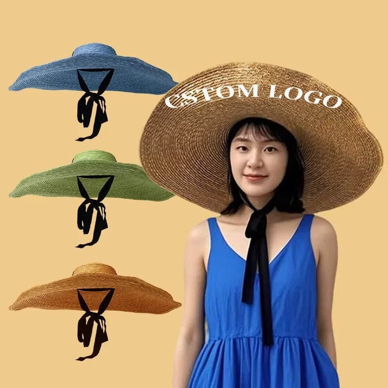 Large Size Adjustable Panama Summer Luffy Floppy Wide Brim Sun Bucket Hat Straw Beach Hats Women