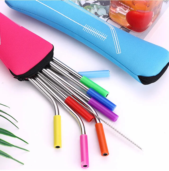 Reusable Stainless Steel Straight Bent Drinking Straws With Silicone Tips  Scratch-proof Silicone Suit Metal Straw