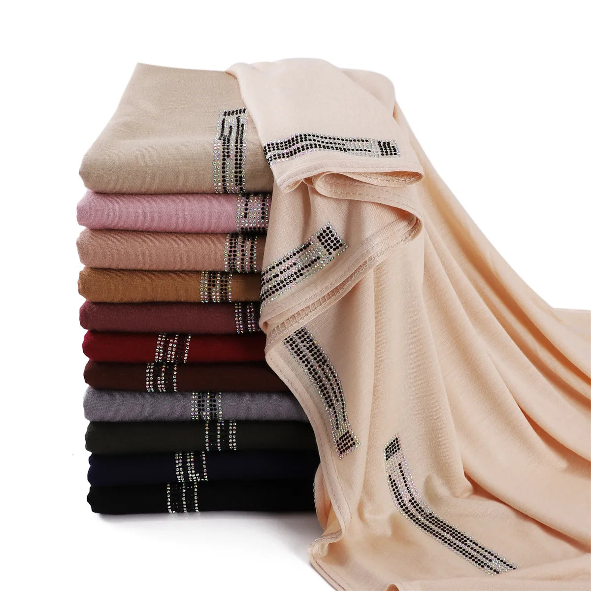 New Fashion Elastic Breathable Cotton Jersey Scarves Headband Turbans Muslim Women Diamond Shiny Mercerized Cotton Jersey Hijabs