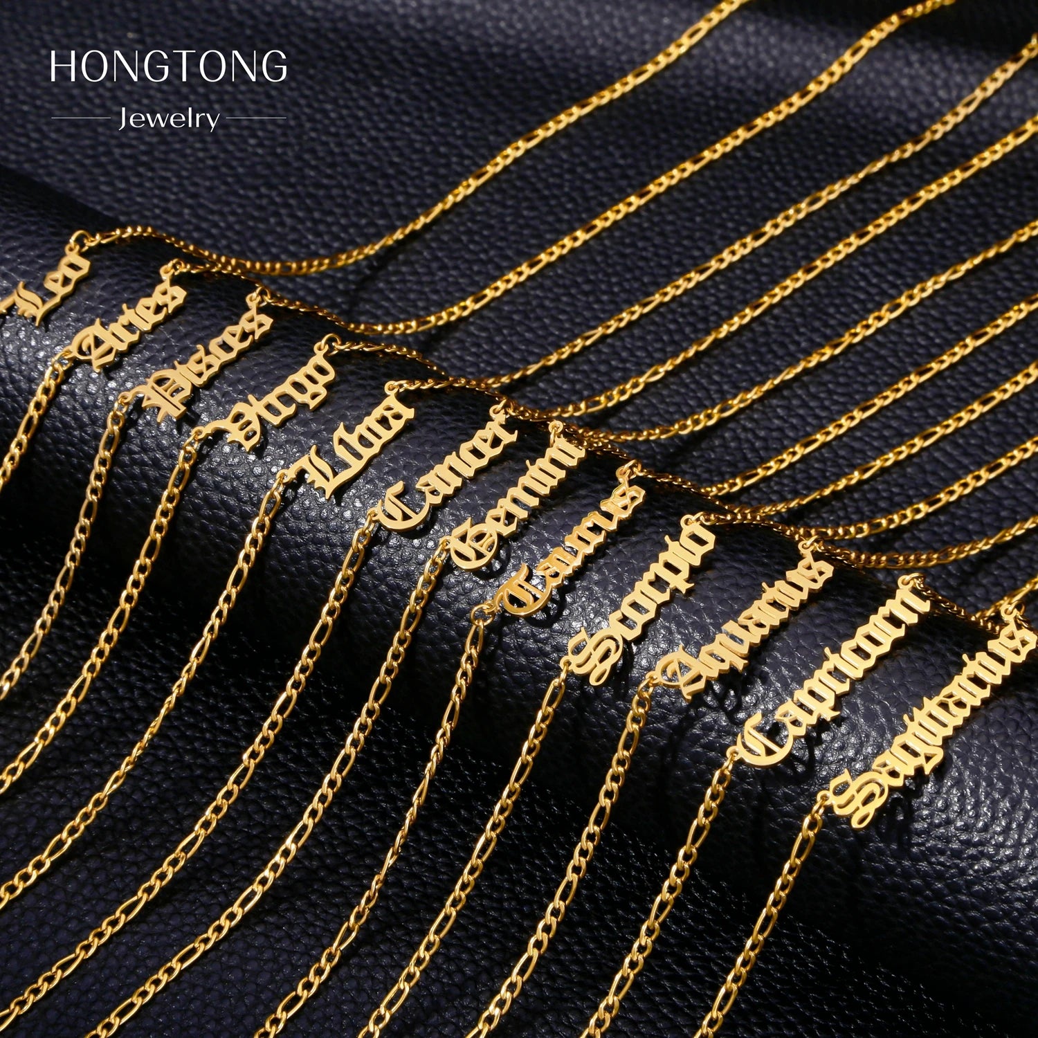 Hongtong Stainless Steel & 18K Gold Plated Zodiac Name NK Figaro Chain Trendy Necklaces Zodiac Sign Pendant for Unisex for Women