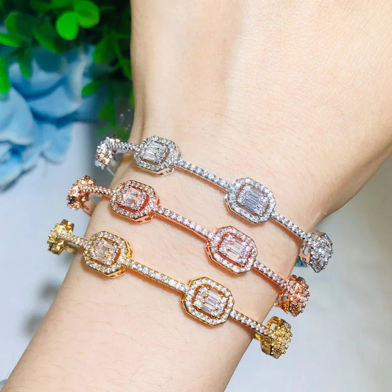 Stackable Square Shape Statement Bangle for Women Wedding Cubic Zircon Crystal CZ Inlaid Copper Gold Plated Cuff Bracelet