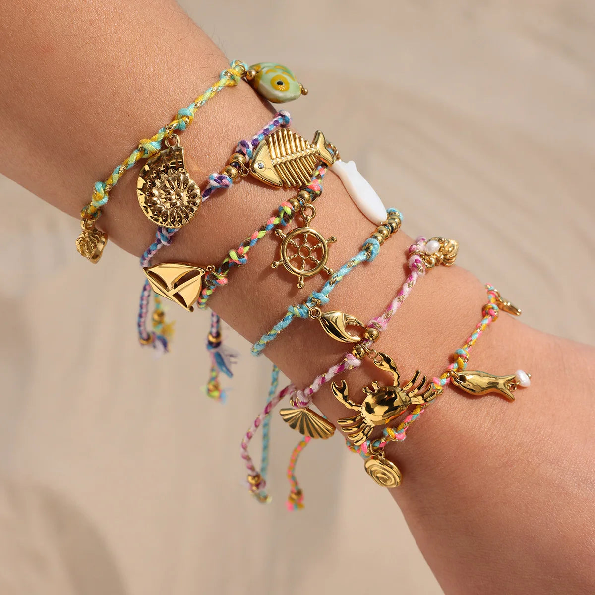 G3786 Wholesale 18K Gold Plated Bracelets Jewelry Beach Style Stainless Steel Fish Crab Shell Charms Braided Rope Bracelets