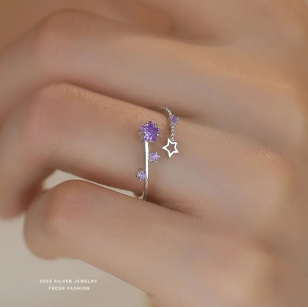 Luxury Purple Zircon Star Shape 925 Sterling Silver Rings Trendy Adjustable Cubic Zircon Silver Rings for Women Birthday Gifts